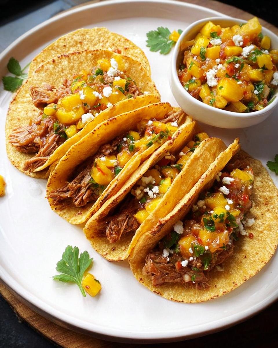 Three pulled pork tacos topped with mango salsa and cotija cheese, part of 12-Ingredient Taco Tuesday Recipes.