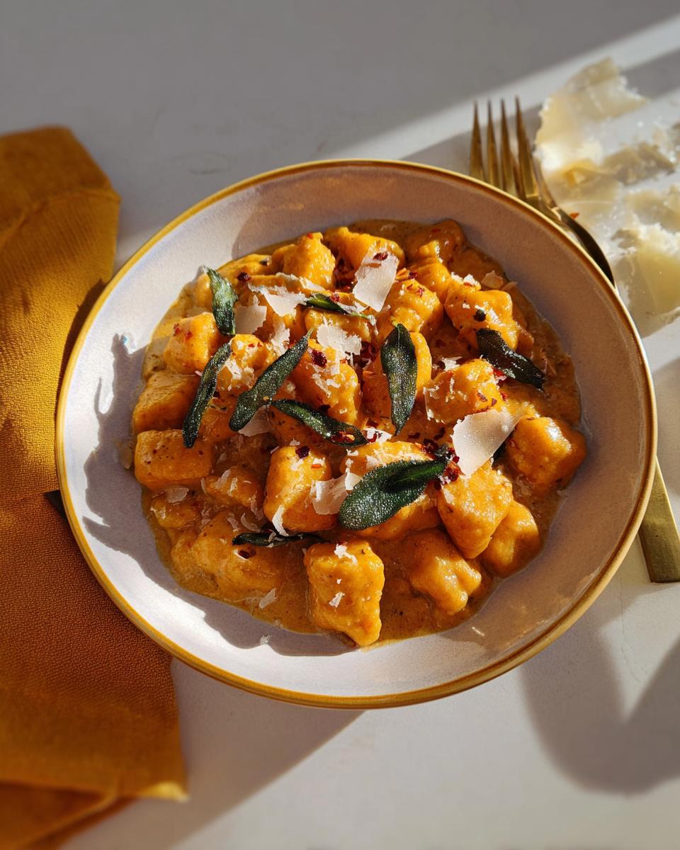 A bowl of homemade pumpkin gnocchi in a creamy sauce, topped with sage and Parmesan cheese, featured in pasta recipes.