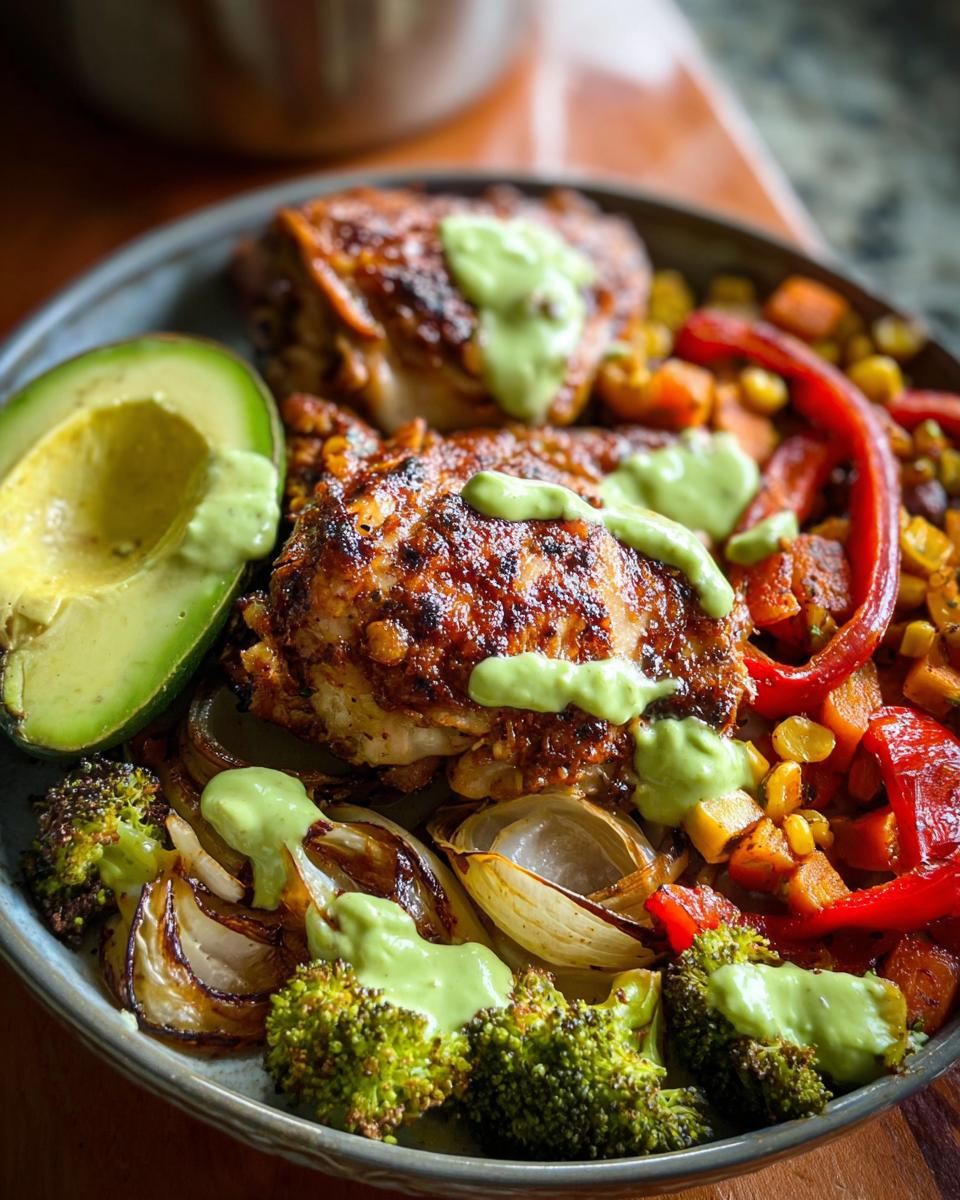 A vibrant bowl featuring glazed chicken thighs, roasted vegetables, and avocado, perfect for Chicken Recipes in 20 Minutes.