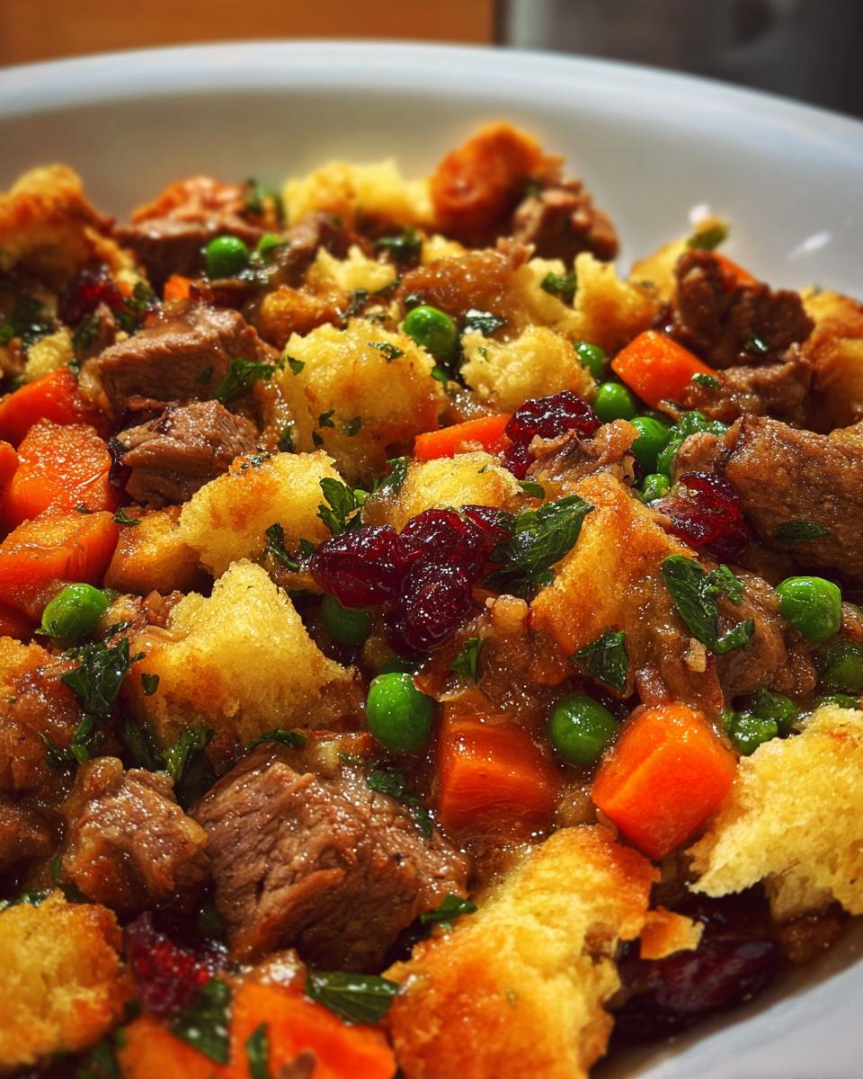 Close-up of a hearty beef and vegetable stuffing recipe featuring chunks of bread, beef, carrots, peas, and dried cranberries.