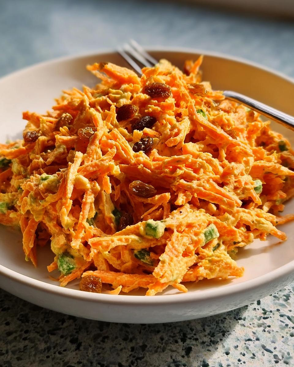 Close-up of a bowl of creamy shredded carrot salad with raisins and green pieces, perfect for Veggie Sides Recipes in 15 Minutes.