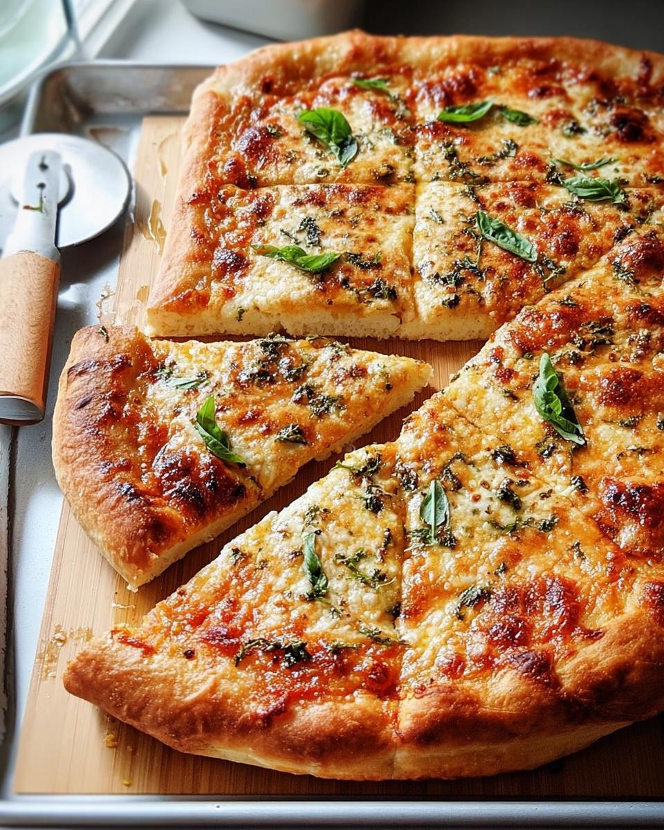 A freshly baked, square-cut cheese pizza topped with basil, ready for Pizza Night Recipes in 10 Minutes.