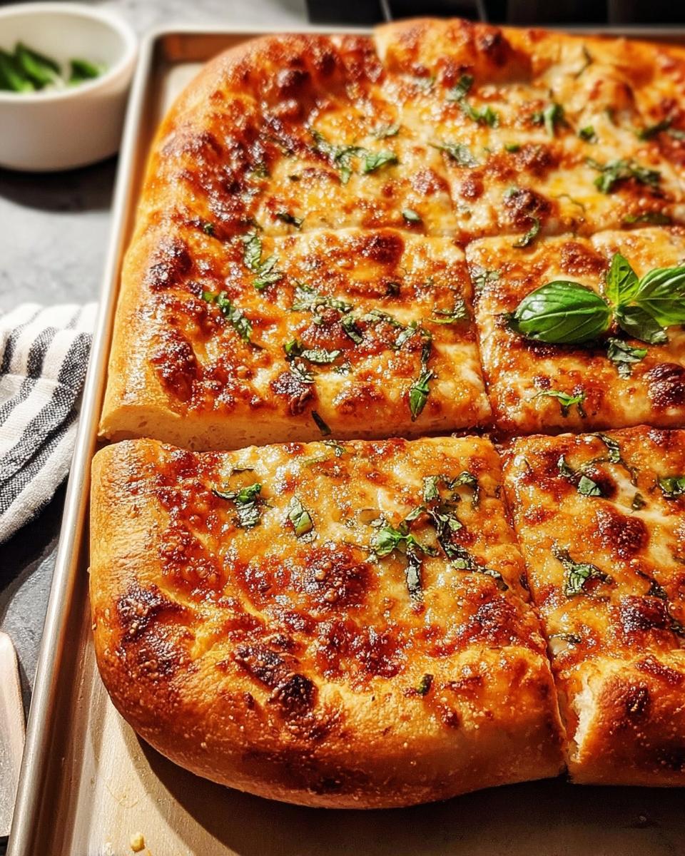 Close-up of cheesy, golden-brown flatbread cut into squares, perfect for Pizza Night Recipes in 10 Minutes.