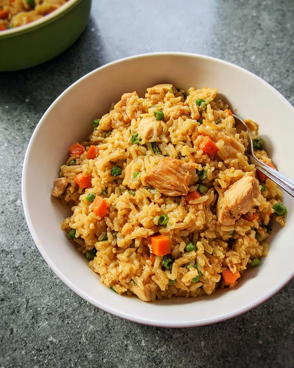 A close-up overhead shot of a white bowl filled with flavorful chicken fried rice, part of our Rice Bowls Recipes in 12 Minutes collection.