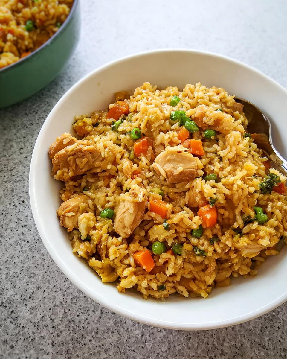 A close-up of a white bowl filled with flavorful chicken fried rice, part of the Rice Bowls Recipes in 12 Minutes.