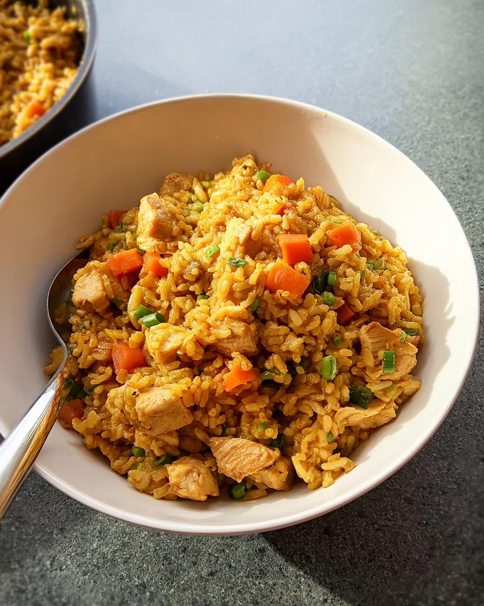 A close-up of a white bowl filled with flavorful chicken fried rice, part of our Rice Bowls Recipes in 12 Minutes.