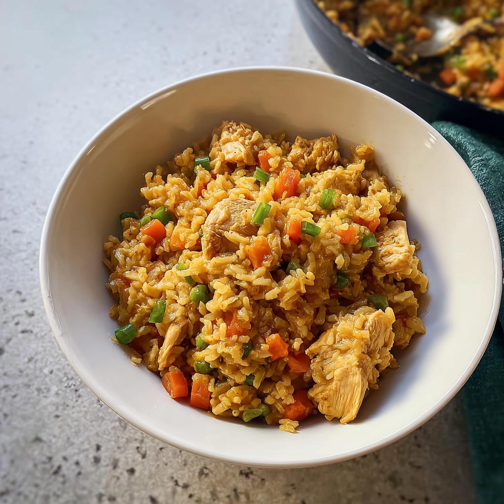 A white bowl filled with flavorful chicken fried rice, featuring carrots and green onions, part of our Rice Bowls Recipes in 12 Minutes.