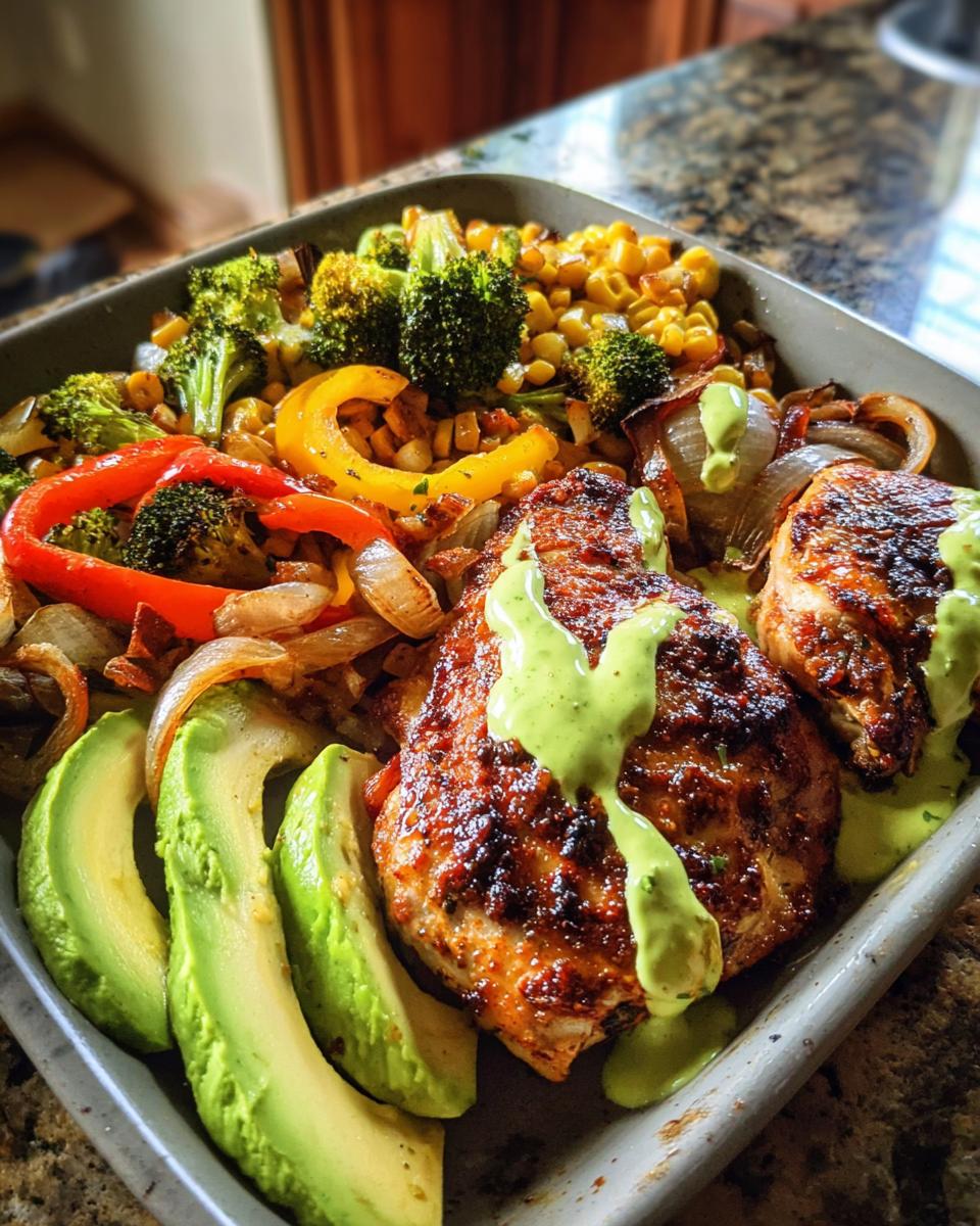 Seared chicken breasts topped with green sauce, served with roasted corn, peppers, onions, and sliced avocado, fitting for Chicken Recipes in 20 Minutes.