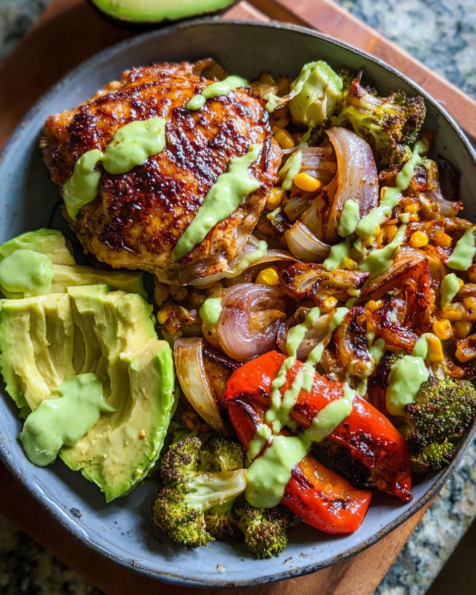 A vibrant bowl featuring a seared chicken thigh, roasted vegetables, and avocado slices, drizzled with green sauce, perfect for Chicken Recipes in 20 Minutes.