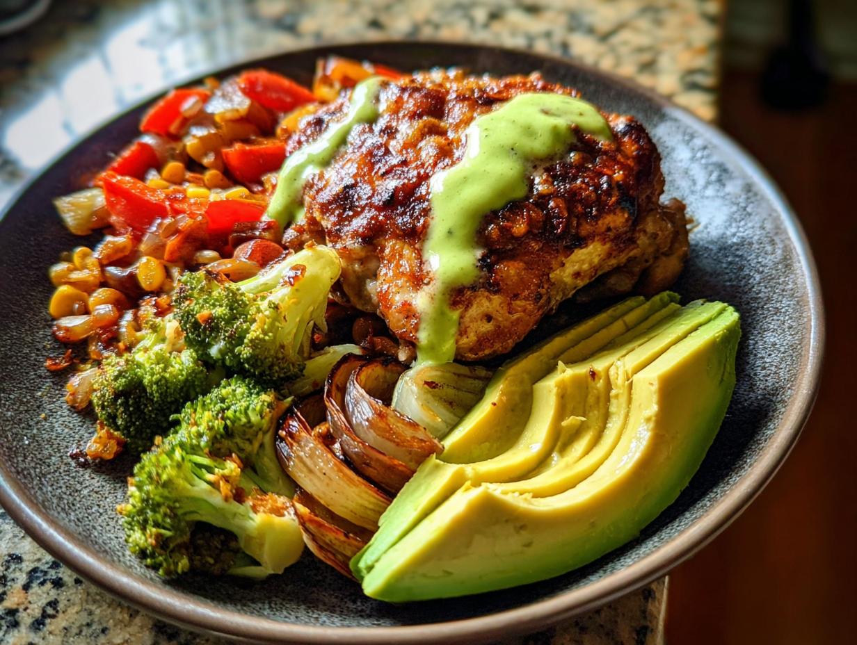 A bowl featuring a seared chicken thigh topped with green sauce, served with roasted broccoli, corn, peppers, and sliced avocado, perfect for Chicken Recipes in 20 Minutes.