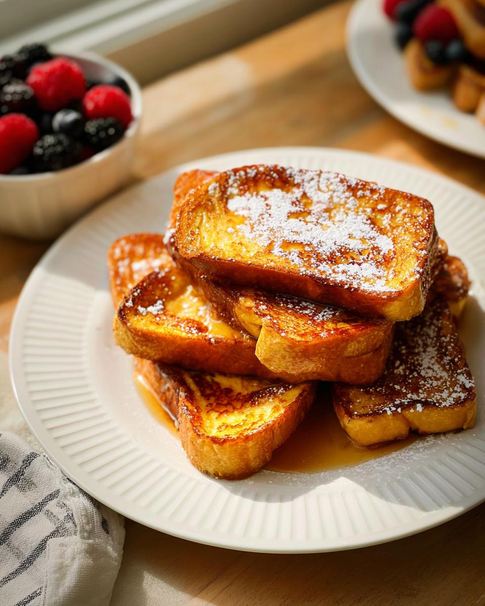Stack of golden brown French toast dusted with powdered sugar, a perfect example of Breakfast Ideas Recipes in 20 Minutes.