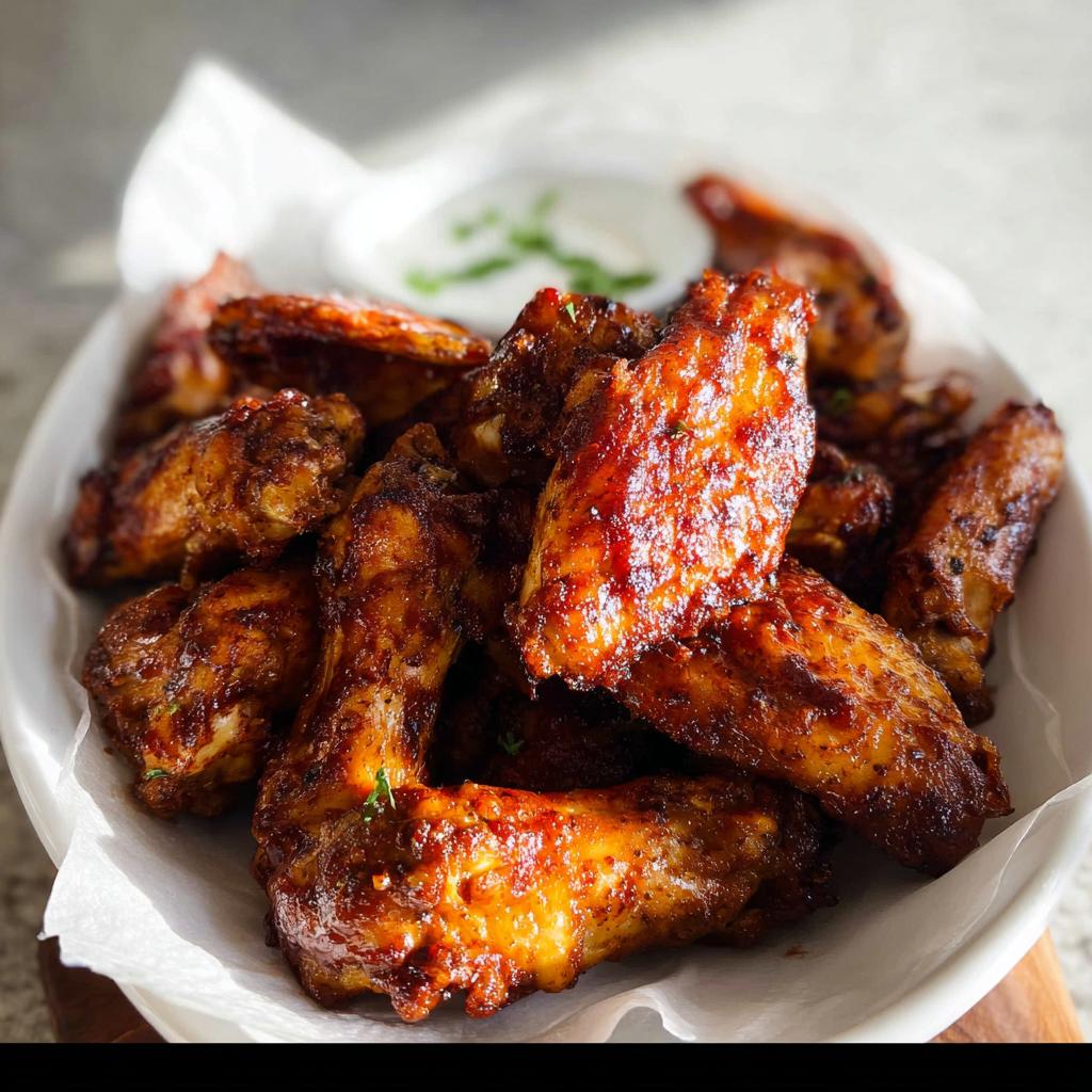 A close-up of glossy, glazed chicken wings piled high in a white bowl, perfect for Chicken Wings Recipes in 20 Minutes.