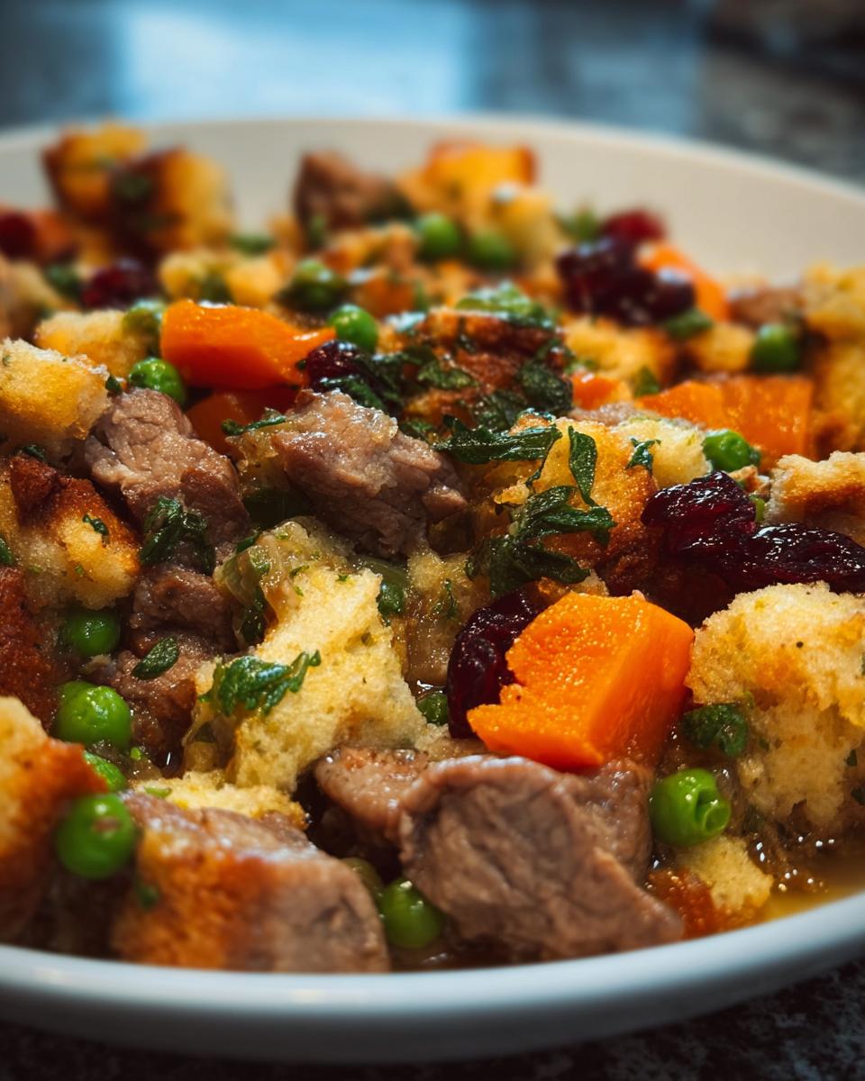 Close-up of a hearty, savory stuffing recipe featuring chunks of meat, bright orange carrots, green peas, and dried cranberries.
