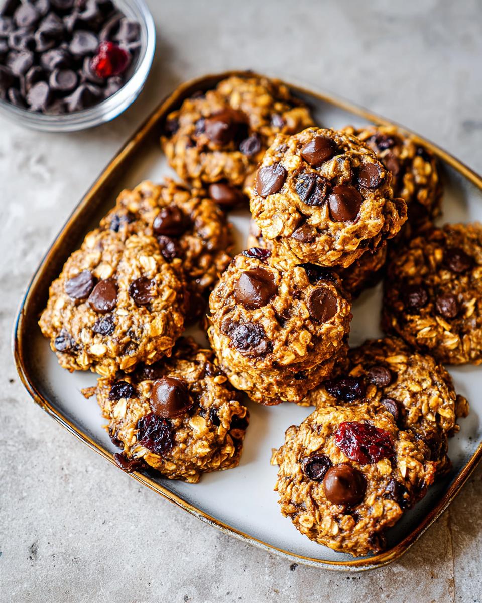 Plate of quick baked oatmeal cookies with chocolate chips, fitting for Breakfast Ideas Recipes in 20 Minutes.