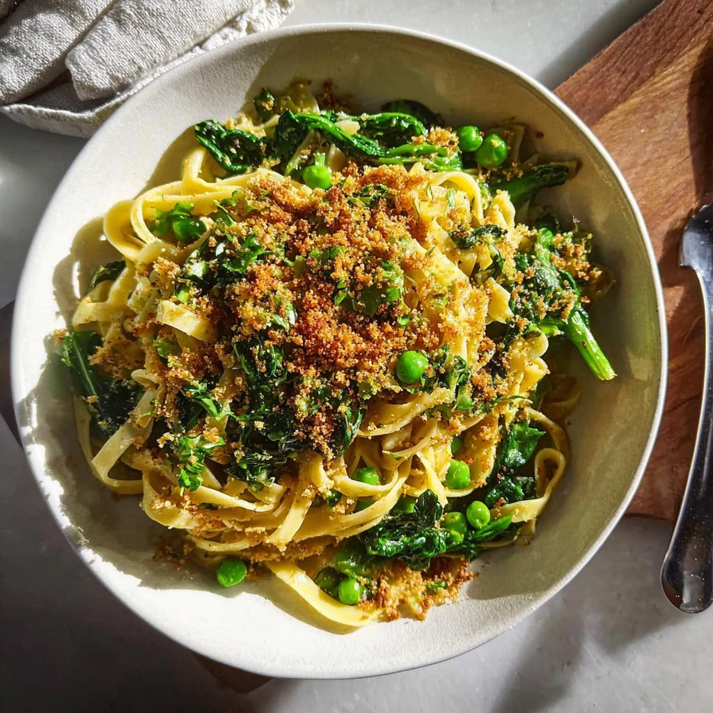 Bowl of quick pasta with greens, peas, and toasted breadcrumbs, perfect for Healthy Meals Recipes in 20 Minutes.