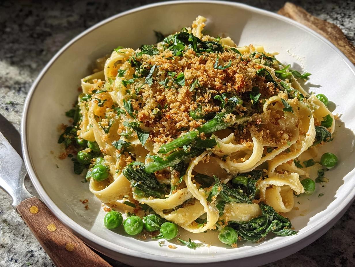 A bowl of creamy pasta with peas, greens, and toasted breadcrumbs, perfect for Healthy Meals Recipes in 20 Minutes.