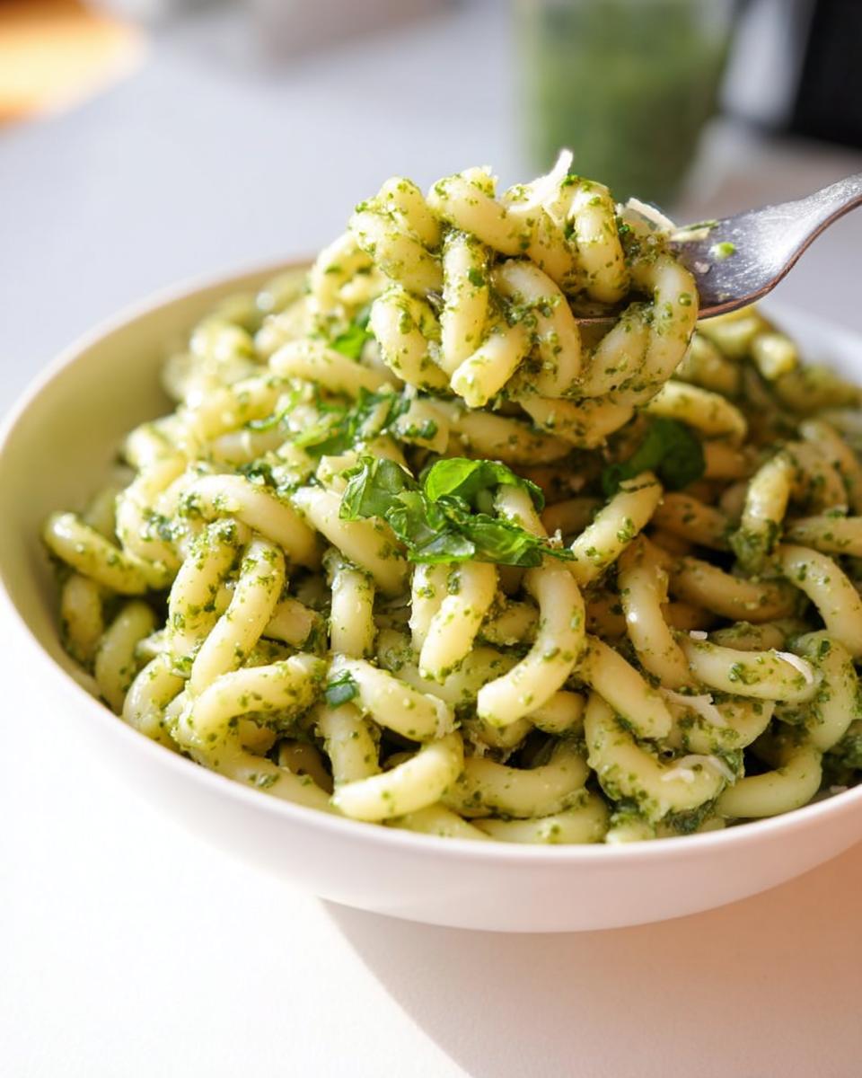 A fork lifting a bite of cavatappi pasta coated in bright green pesto sauce, part of our Pasta Recipes in 10 Minutes.
