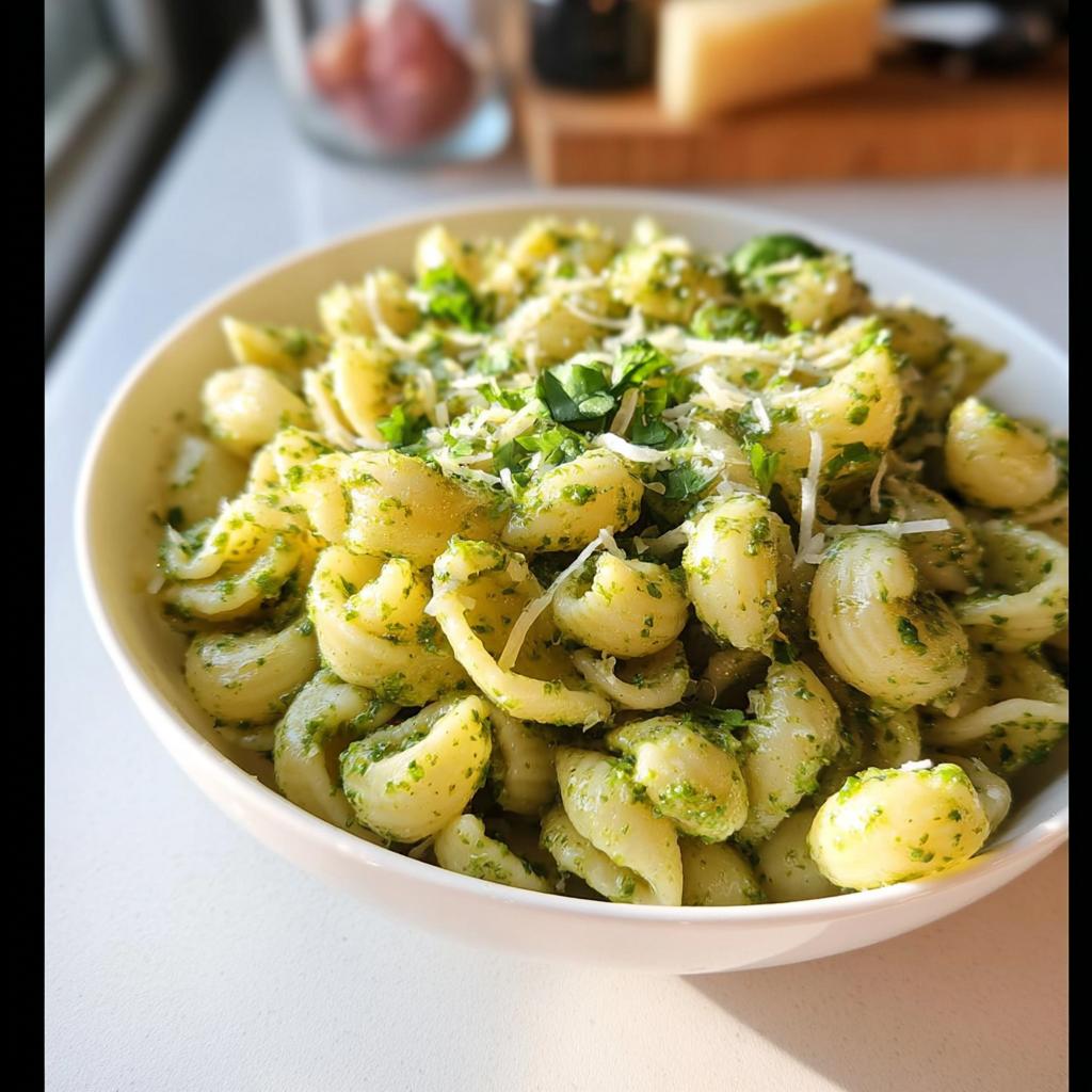 A white bowl filled with shell pasta tossed in vibrant green pesto sauce, topped with grated cheese and fresh herbs.