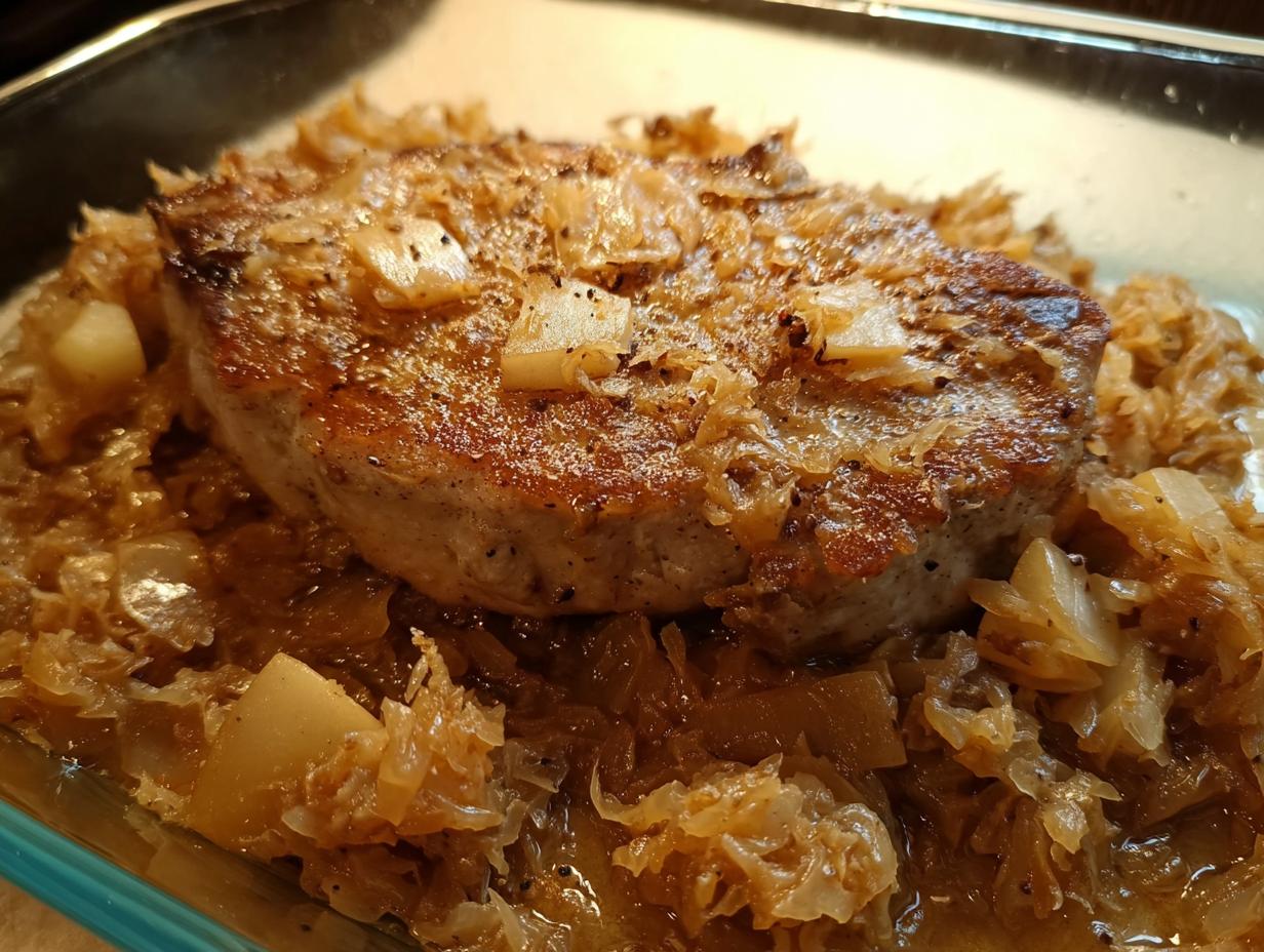 Close-up of a perfectly seared pork chop recipe in 10 minutes served over a bed of caramelized onions.