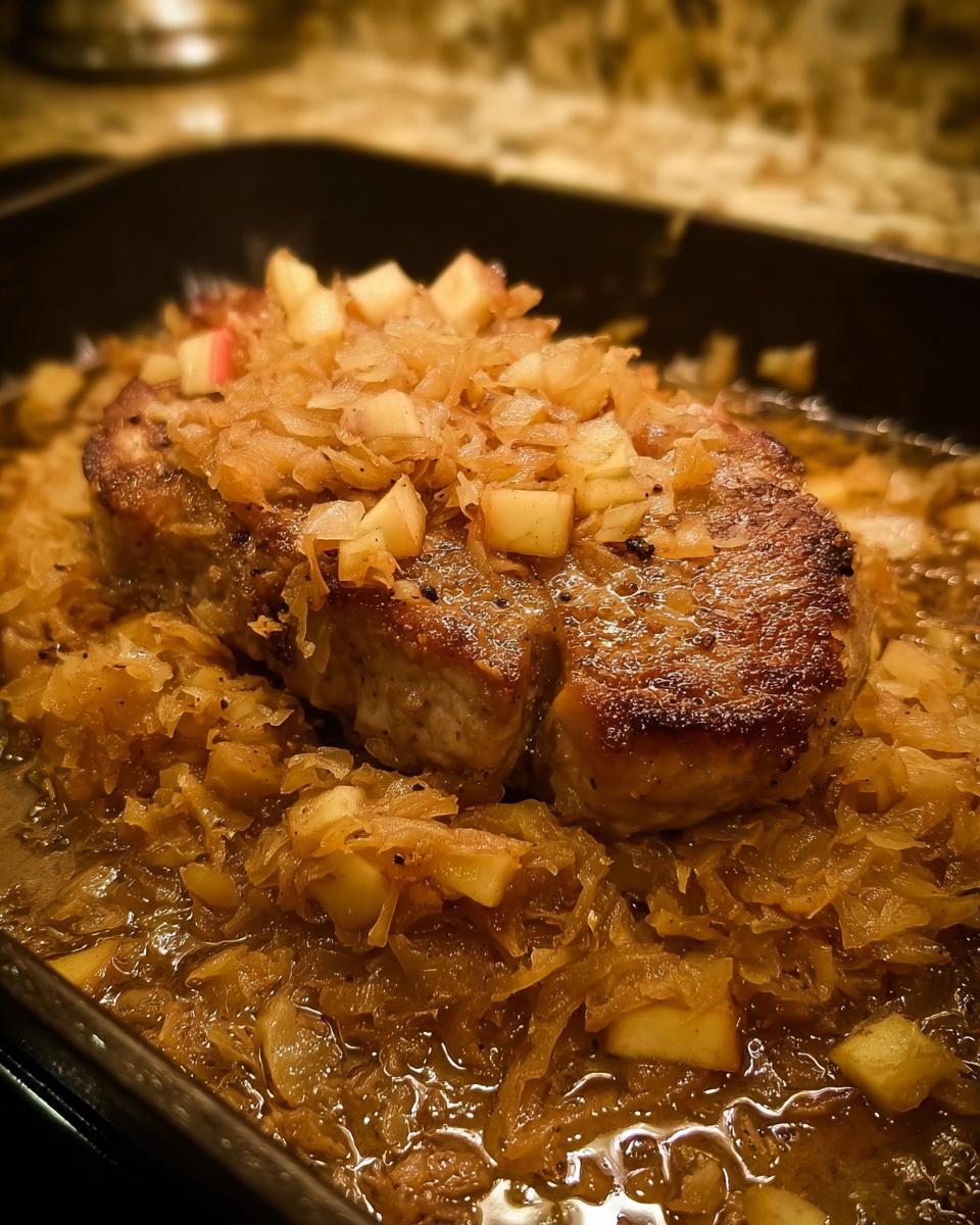 A seared pork chop served over caramelized onions and apples, perfect for quick Pork Chops Recipes in 10 Minutes.