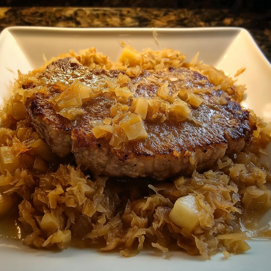 A perfectly seared pork chop topped with caramelized onions served over sauerkraut, ready in minutes.
