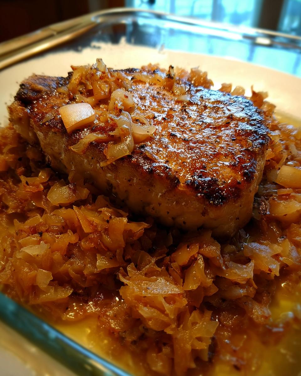 A perfectly seared pork chop topped with a generous serving of caramelized onions, part of our Pork Chops Recipes in 10 Minutes.