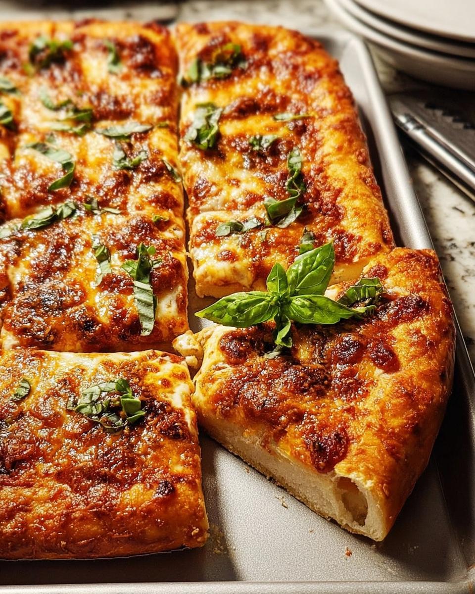 Close-up of a thick-crust sheet pan pizza, cut into squares, topped with melted cheese and fresh basil for Pizza Night Recipes in 10 Minutes.