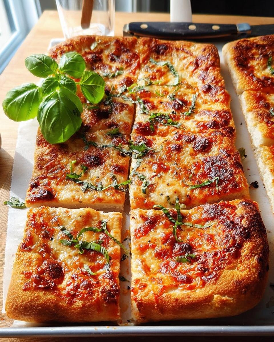 A freshly baked, thick-crust sheet pan pizza cut into squares, topped with melted cheese and fresh basil, perfect for Pizza Night Recipes in 10 Minutes.