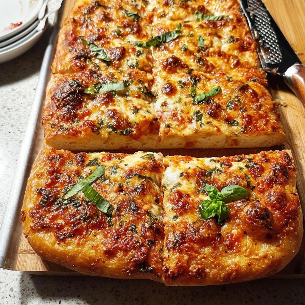 Close-up of a freshly baked, cheesy sheet pan pizza cut into squares, perfect for Pizza Night Recipes in 10 Minutes.