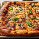 A square, thick-crust pizza topped with melted cheese and fresh basil, ready for Pizza Night Recipes in 10 Minutes.