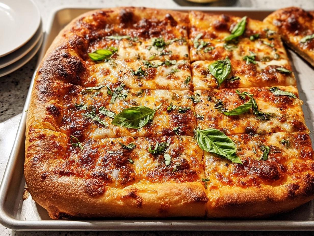 A square, thick-crust pizza topped with melted cheese and fresh basil, ready for Pizza Night Recipes in 10 Minutes.