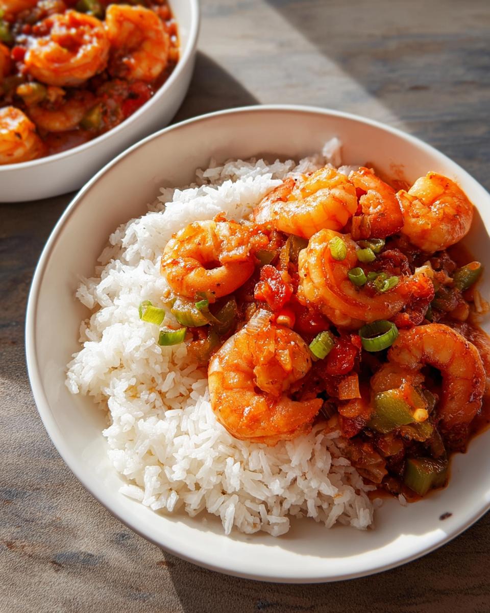 A bowl of flavorful shrimp in a tomato-based sauce served over white rice, part of quick shrimp recipes.