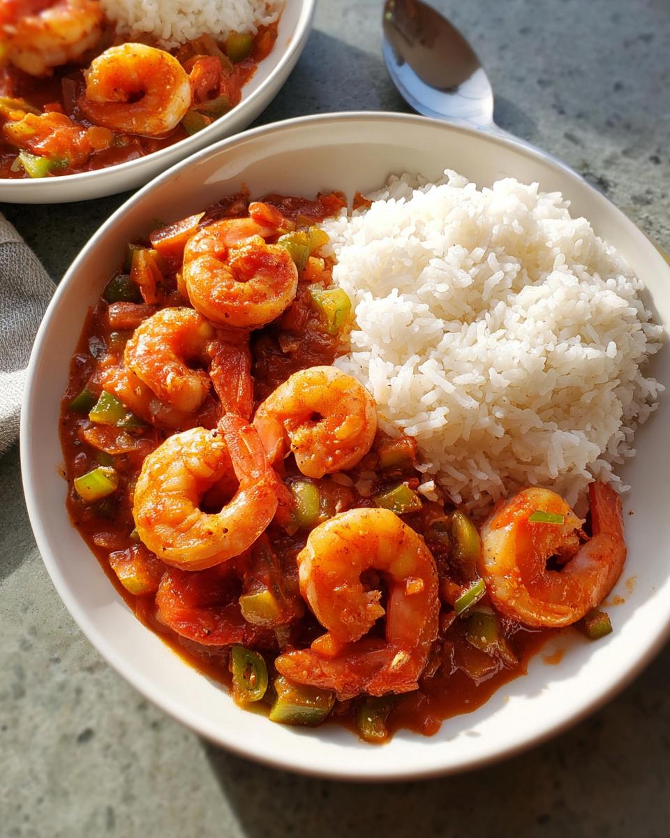 Close-up of a bowl featuring saucy shrimp in a tomato-based sauce with green peppers, served alongside fluffy white rice. A great example of quick shrimp recipes.