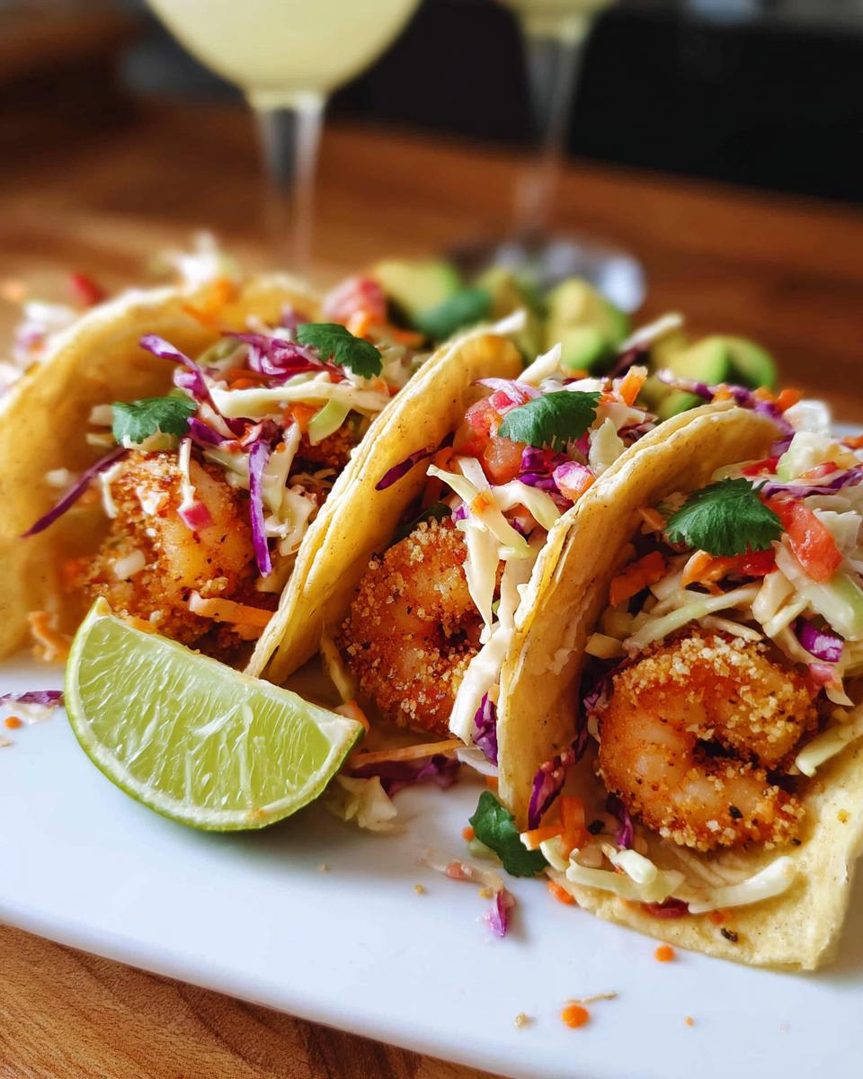 Three crispy shrimp tacos topped with colorful slaw and a lime wedge, perfect for quick Shrimp Recipes in 12 Minutes.