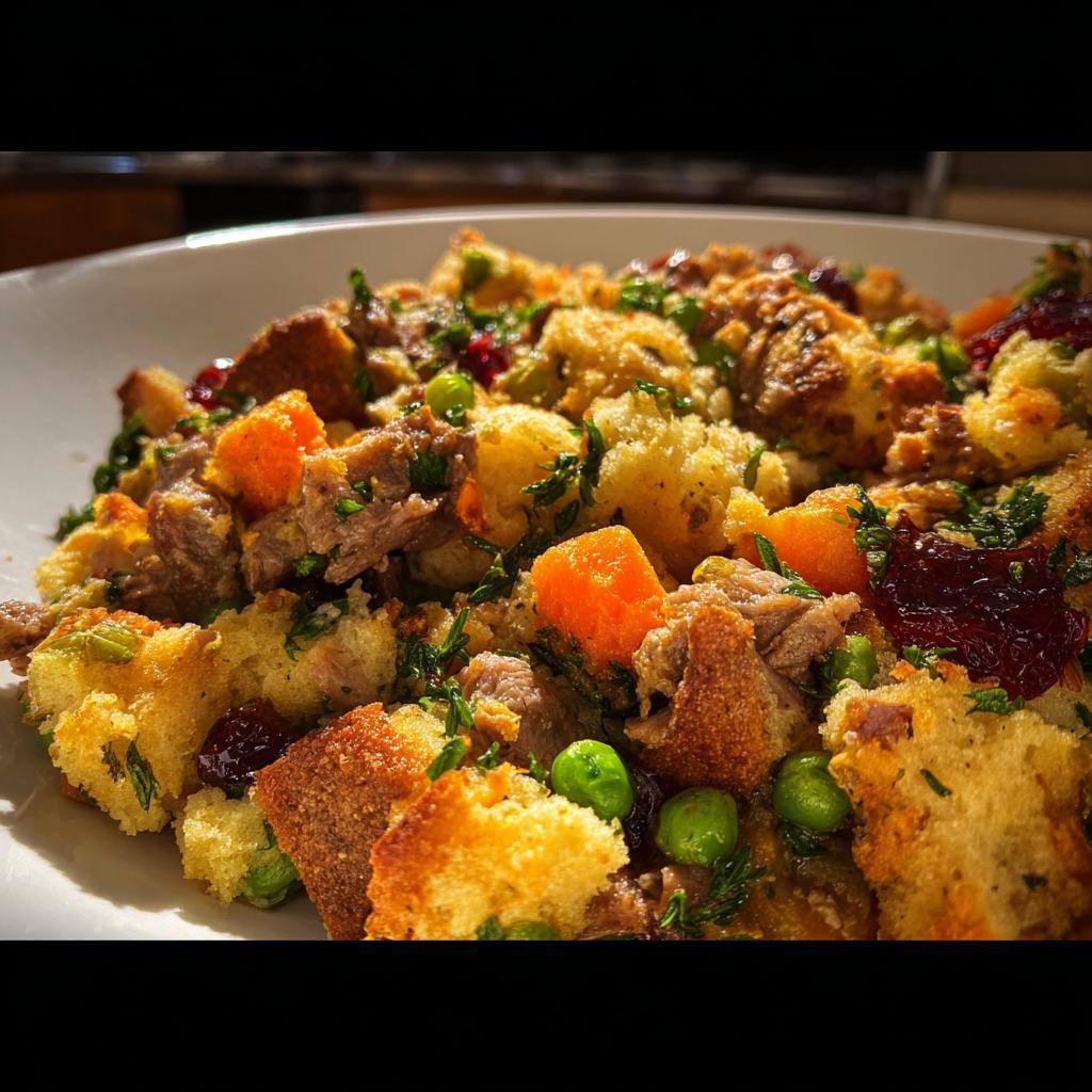Close-up of savory stuffing with bread cubes, meat, peas, carrots, and cranberry sauce, perfect for stuffing recipes in 20 minutes.