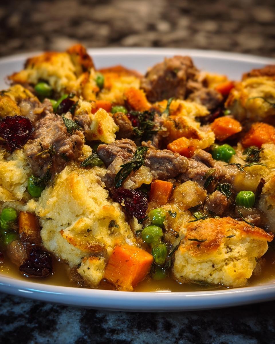 Close-up of a hearty bowl of quick stuffing recipes mixed with sausage, carrots, peas, and cranberries.
