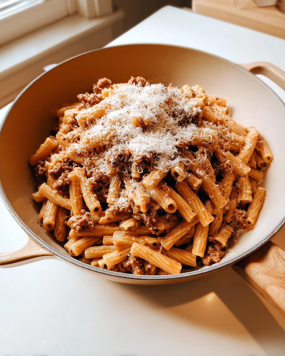 A skillet filled with rigatoni pasta tossed in a rich meat sauce and topped generously with grated Parmesan cheese, perfect for busy weeknights.