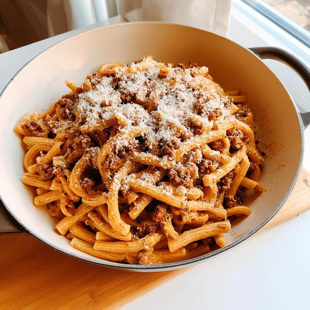 A skillet filled with short tube pasta tossed in a rich meat sauce and topped generously with grated Parmesan cheese, perfect for 20 Genius Pasta Recipes Ideas for Busy Weeknights.
