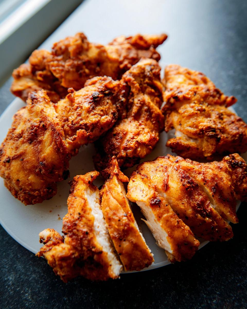 Plate of golden brown, seasoned air fryer chicken pieces, some sliced to show juicy interior.