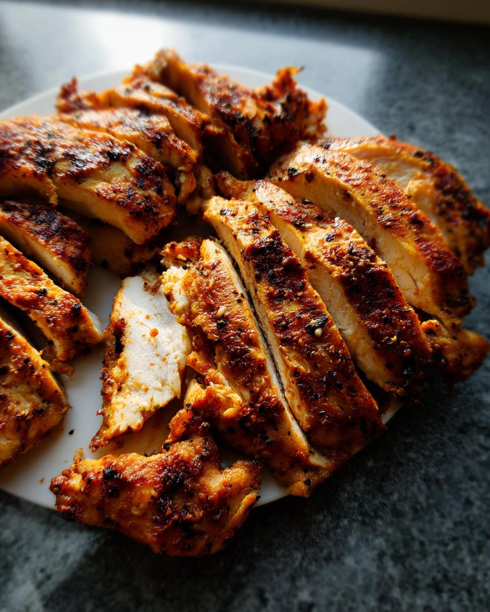 Close-up of sliced, well-seasoned chicken breast cooked in an air fryer, ready for Restaurant-Style Air Fryer Chicken Recipes at Home.