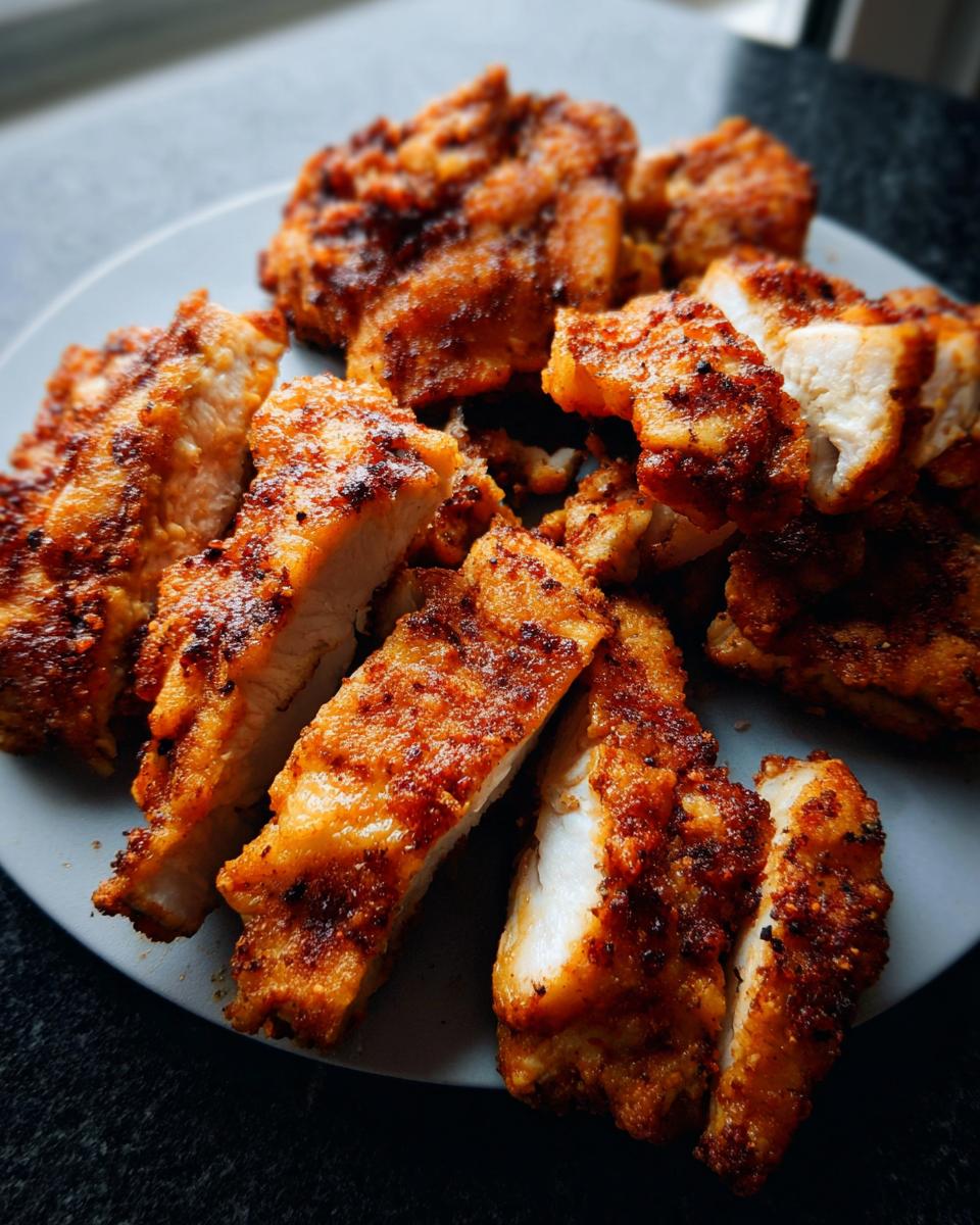 Close-up of seasoned, cooked air fryer chicken pieces sliced on a plate, showing the white interior.