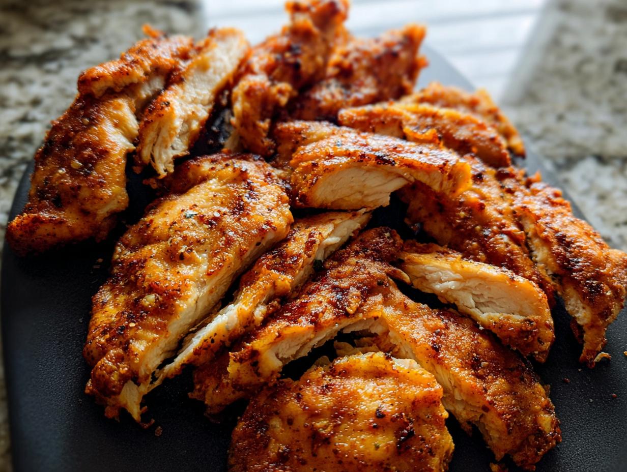 Close-up of perfectly cooked, sliced seasoned chicken breast made using Restaurant-Style Air Fryer Chicken Recipes at Home.