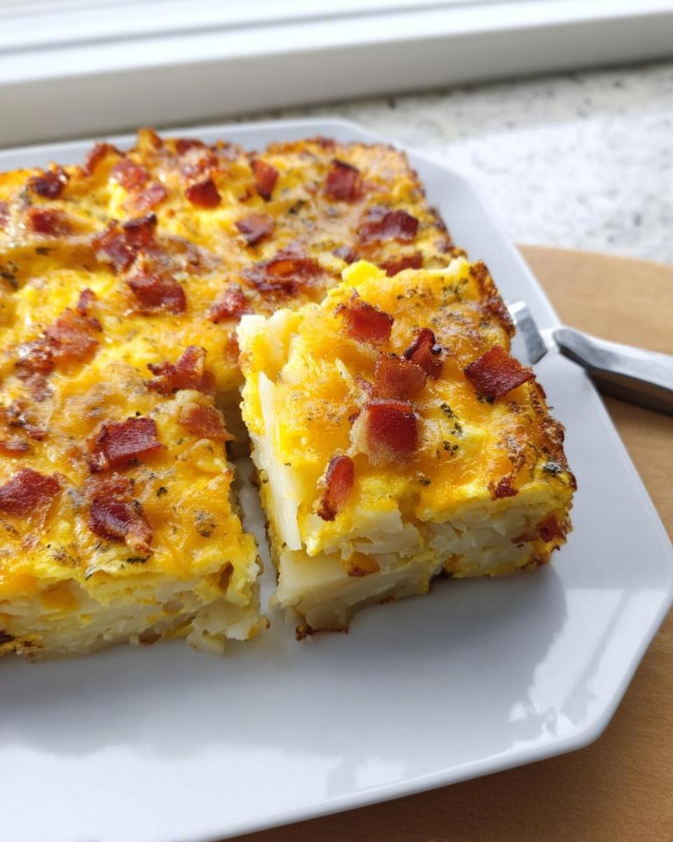 A square slice of cheesy potato and egg breakfast casserole topped with bacon bits, perfect for Restaurant-Style Breakfast Ideas Recipes at Home.