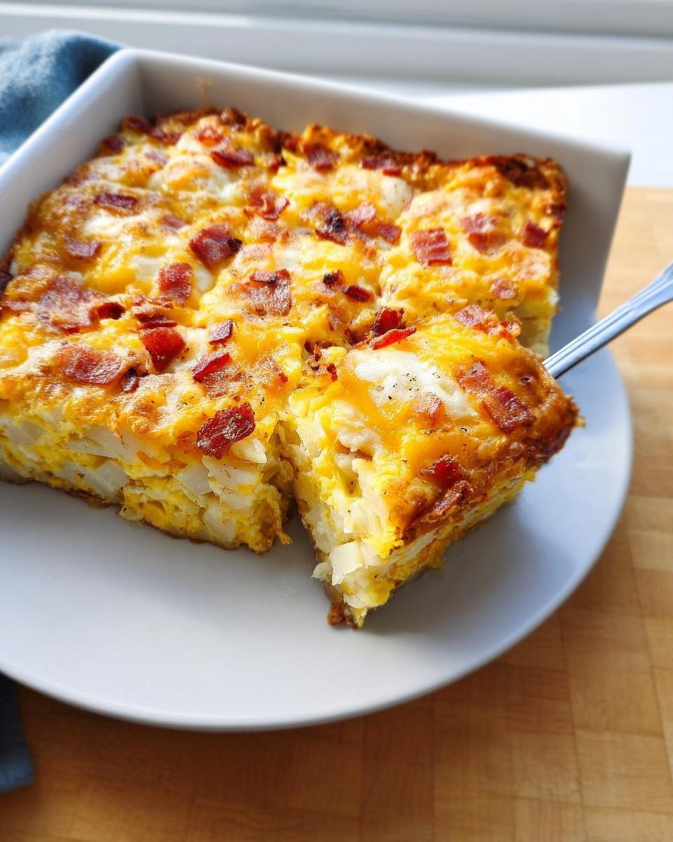 A square slice of baked egg and potato casserole topped with melted cheese and bacon bits, perfect for Restaurant-Style Breakfast Ideas Recipes at Home.