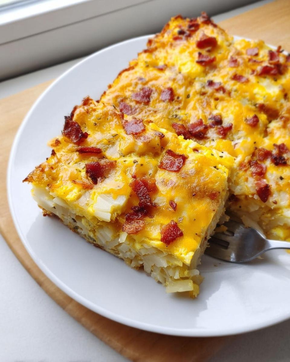 Slice of baked breakfast casserole with potatoes, eggs, melted cheddar cheese, and bacon bits, perfect for Restaurant-Style Breakfast Ideas Recipes at Home.