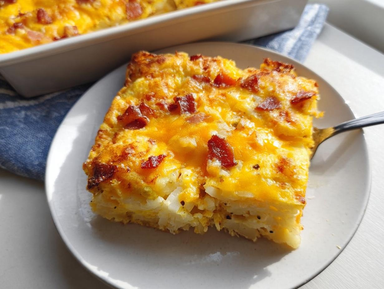 A slice of baked breakfast casserole with potatoes, eggs, cheddar cheese, and bacon, served on a white plate.