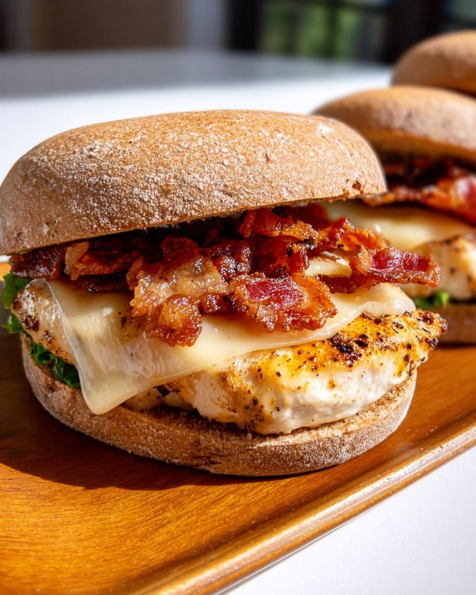 Close-up of a grilled chicken sandwich with melted cheese and crispy bacon, perfect for Restaurant-Style Easy Dinner Recipes at Home.