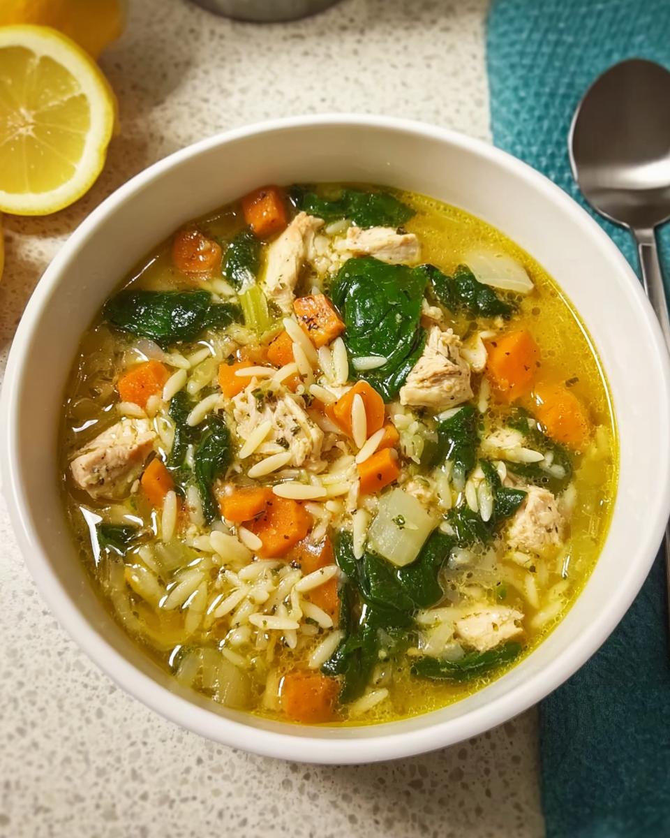 A bowl of vibrant chicken orzo soup with carrots and spinach, perfect for Restaurant-Style Soup Recipes at Home.