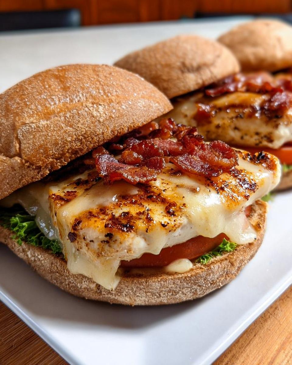 Close-up of a grilled chicken sandwich with melted cheese and bacon, perfect for Restaurant-Style Easy Dinner Recipes at Home.