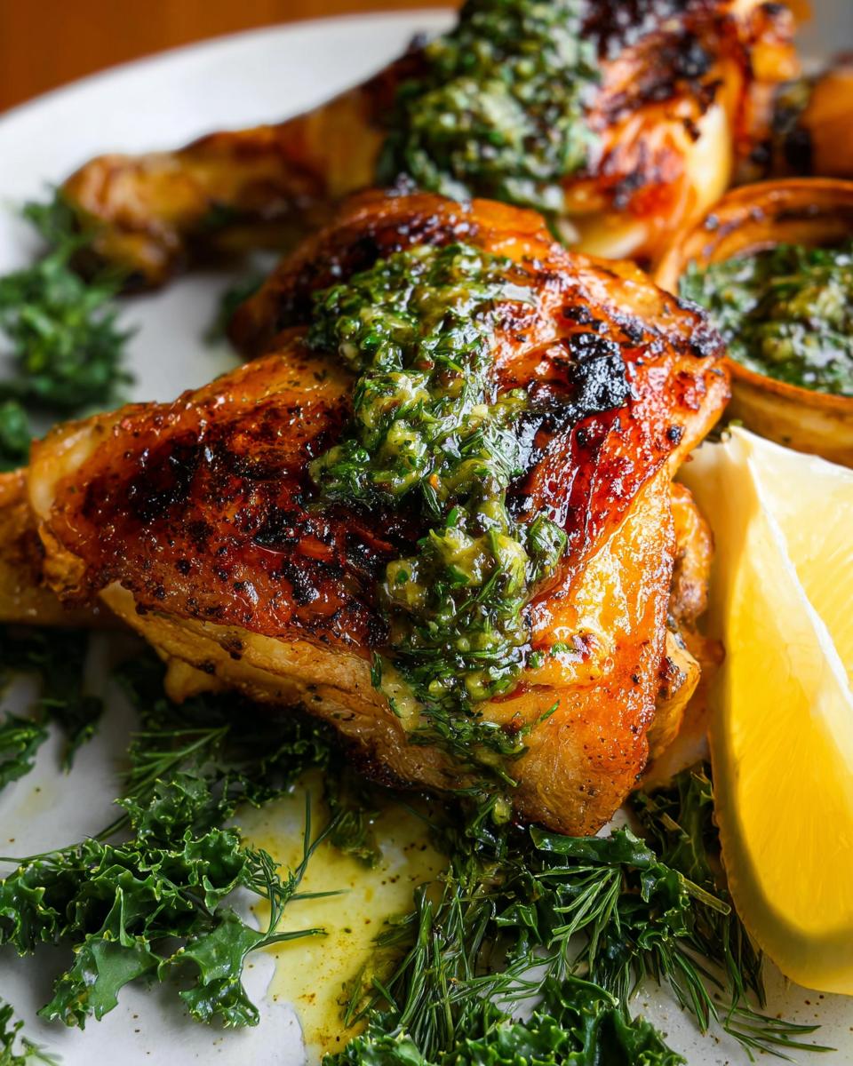 Close-up of a perfectly cooked, crispy Restaurant-Style Chicken Thigh topped with a vibrant green herb sauce.
